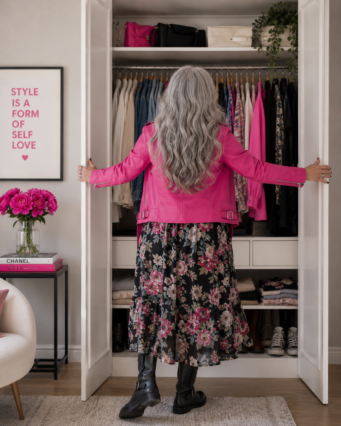 A blonde woman in a grey pleated skirt, bright yellow shirt browsing in a shop after her wardrobe edit.
